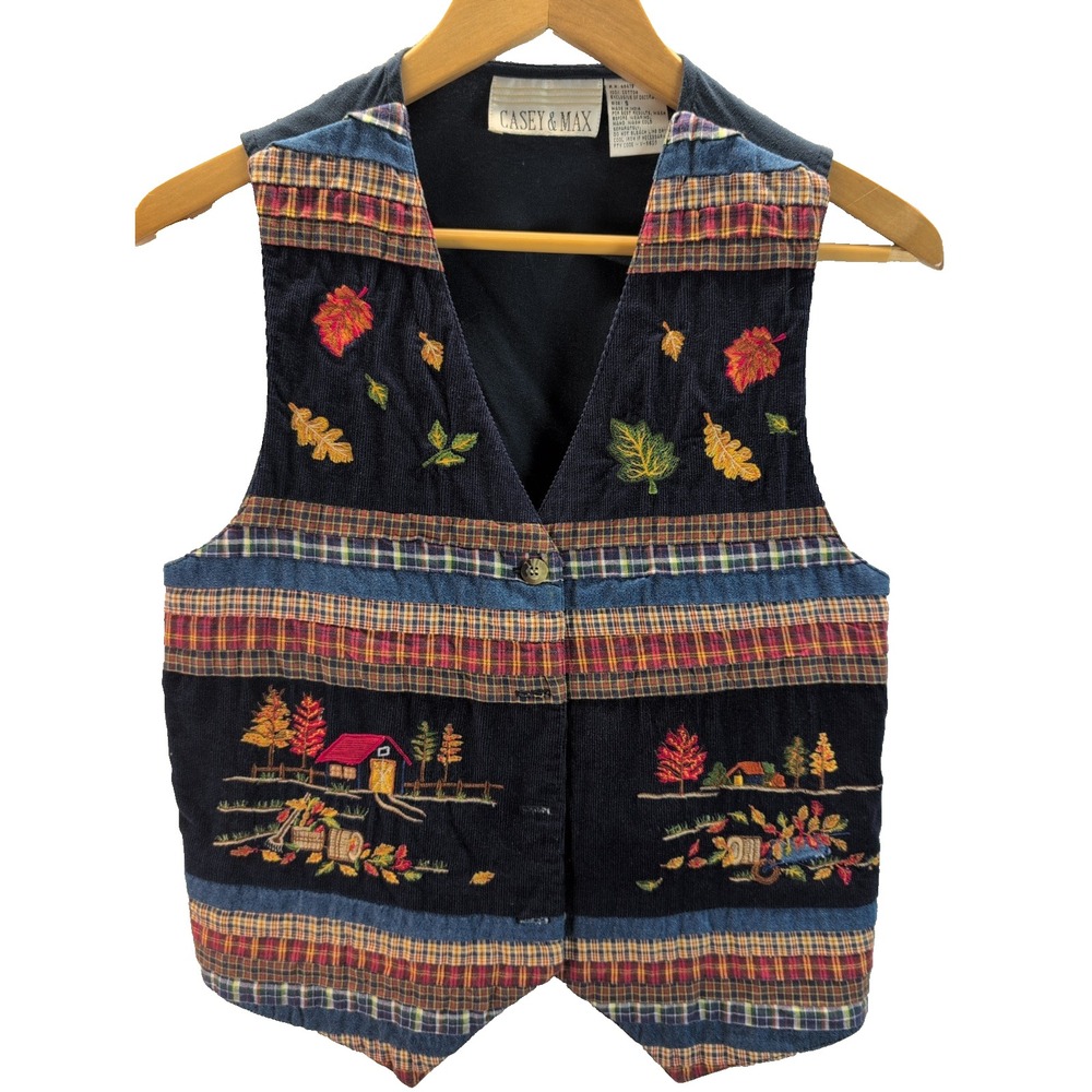 Vintage Casey And Max Navy Corduroy Vest S Embroidered Autumn Leaves/Patchwork